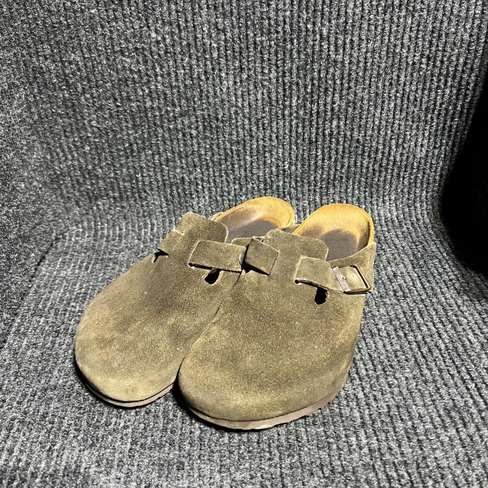 Birkenstock Boston Clogs Mens 40 Olive Green Suede Soft Footbed Buckle Strap
